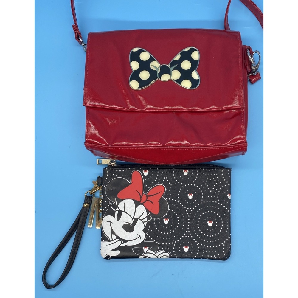 Disney Minnie Mouse Red Vinyl With Cross body Bow 9x7" & Minnie Pouch
